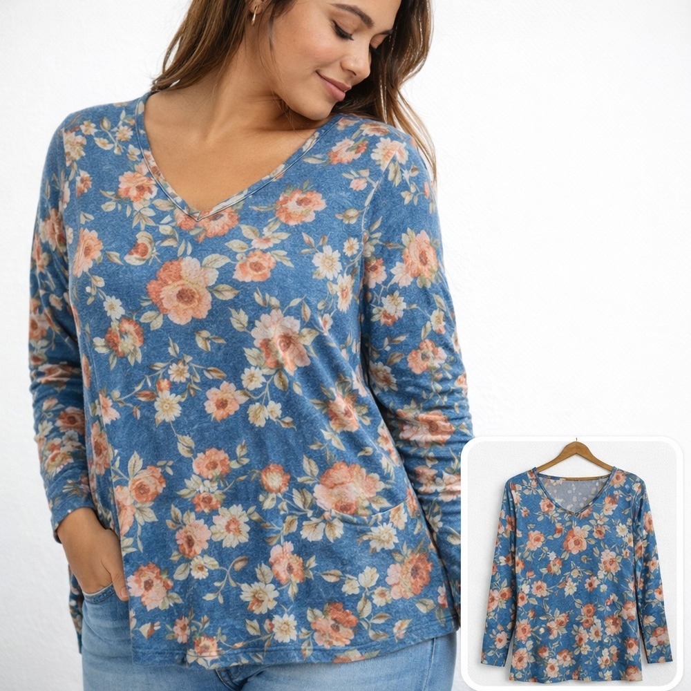 Soft Surroundings Tunic Top Floral Boho Stretch V-neck‎ Blue L